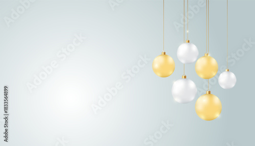 White and gold glossy christmas balls or baubles decorate on Christmas day background ,Vector illustration