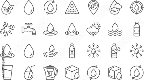Collection of clean line art water icons representing hydration, droplets, purification, recycling, rainfall, drinking water, and environmental conservation for modern design projects