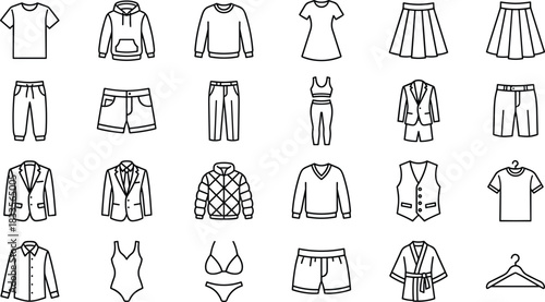 Clothing and fashion line icon set featuring shirts, jackets, dresses, pants, skirts, swimwear, activewear, outerwear and accessories for wardrobe design