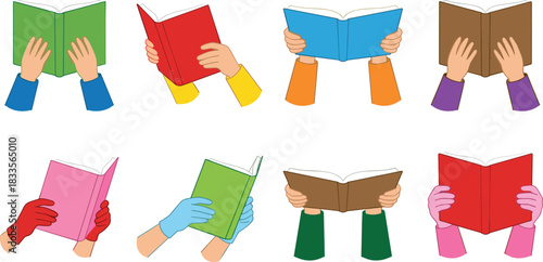Collection of colorful illustrations showing hands holding books, reading activities, study concepts, learning habits, education themes, school and literacy graphics