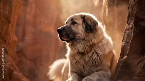 mioritic shepherd dog - A large, fluffy dog navigates through a narrow canyon, golden sunlight filtering through the rocky formations, highlighting the soft fur and majestic stance