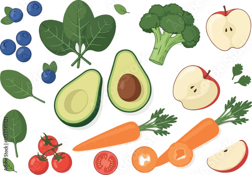 Colorful illustration of fresh fruits and vegetables promoting a healthy, balanced, plant-based diet for natural well-being and good nutrition