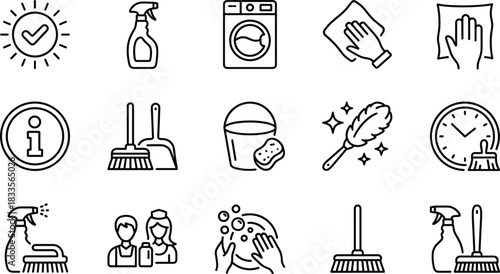 Cleaning service line icons set featuring tools, detergents, washing, dusting, sanitation, hygiene, housekeeping equipment, professional cleaning symbols, vector illustration