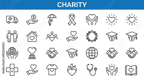 Charity donation icons set featuring healthcare support, volunteer help, fundraising symbols, education aid, humanitarian assistance, nonprofit giving, minimalist line style graphics