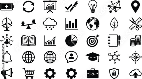 Business, education, finance, and technology icon collection featuring analytics symbols, growth charts, global elements, creative ideas, sustainability, networking, and productivity concepts