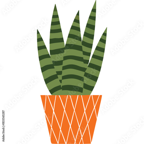 Stylized Green Snake Plant With Horizontal Stripes in a Textured Orange Pot Isolated on Black Background