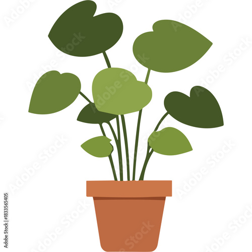 Stylized illustration of a lush green potted houseplant with broad leaves in a terracotta pot against a transparent background