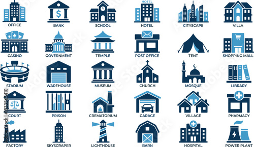 Building and infrastructure icon collection featuring office, bank, school, hotel, cityscape, landmarks, public services, transportation, industry, and community structures, vector set