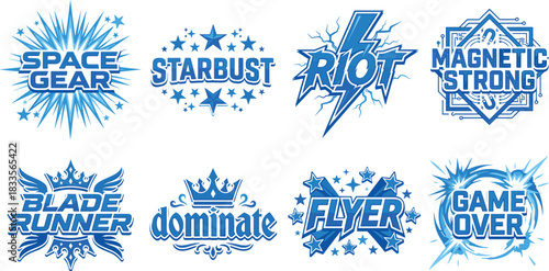 Bold blue graphic emblem collection featuring dynamic text logos, lightning effects, star elements, modern typography, energetic futuristic badge designs