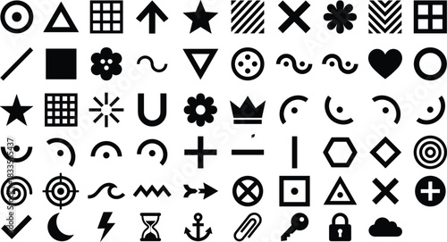 Black minimalist geometric icon collection featuring symbols, shapes, arrows, patterns, UI elements, decorative signs, abstract graphics, and modern design icons