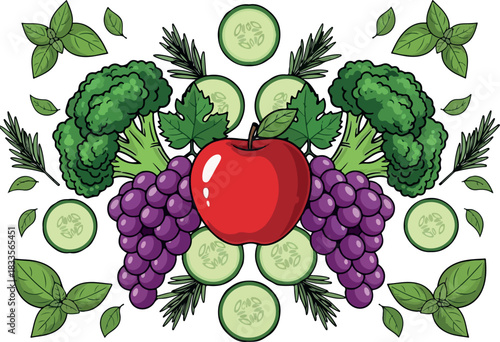 A vibrant and symmetrical arrangement of fresh fruits and vegetables, showcasing a red apple, purple grapes, broccoli, and herbs for healthy eating