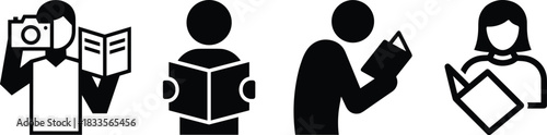 Black and white icons of people reading books and taking photos, creative educational illustration set for learning, study, photography concepts