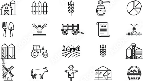 Agriculture farming icon set with barn, tractor, tools, silo, greenhouse, cow, field landscape, irrigation, harvest, organic food symbols