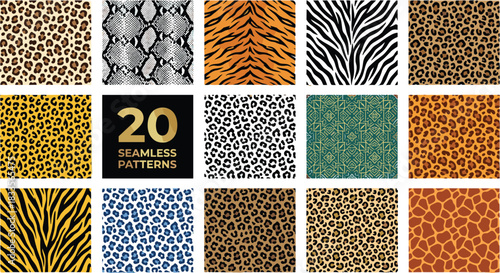 Animal print seamless pattern collection featuring leopard, tiger, zebra, giraffe textures, modern wild animal skins, stylish repeating backgrounds for design projects