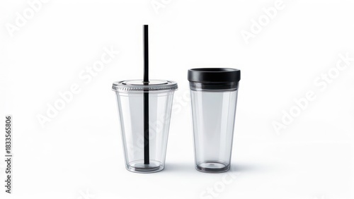 Two clear plastic cups, one with a straw