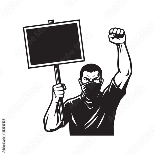 Protester wearing face mask holding blank sign and raising fist vector illustration.

