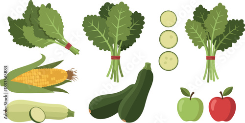 Fresh organic produce collection featuring kale, corn, zucchini, and apples. A vibrant vector set representing nutritious food, a healthy lifestyle, and grocery shopping