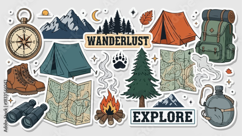 Camping and Hiking Adventure Elements Collection for Outdoor Exploration.