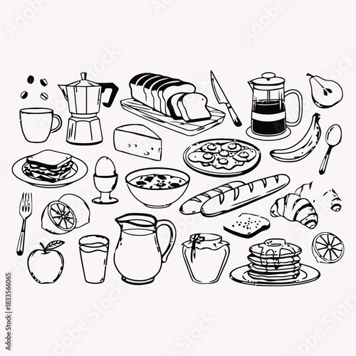 Breakfast food vector icon set with coffee maker fruit bread pancakes cereal and kitchen items in outline style