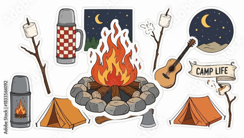 Hand drawn camping sticker set with campfire and tent.