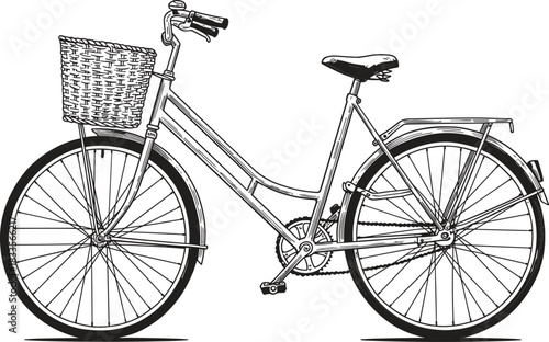 Black and white line drawing of a vintage bicycle with a wicker basket bike retro