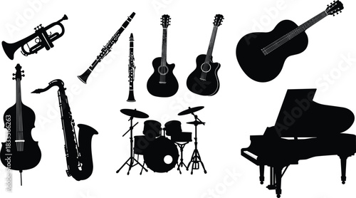 Black silhouette collection of musical instruments on white background trumpet clarinet