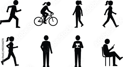 Black silhouette figures of people running cycling walking standing reading and using phone white background