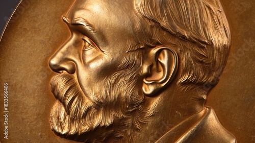 laureate. Close-up view of Nobel Prize medal showing engraved profile and inscriptions. event programs, museum guides, designed for cultural heritage projects and event programs.