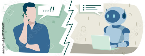 Man making a call and being answered by a robot or artificial intelligence (AI). 
