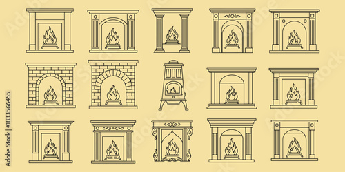 Collection of Line Art Fireplaces with Burning Flames on Beige Background hearth heat