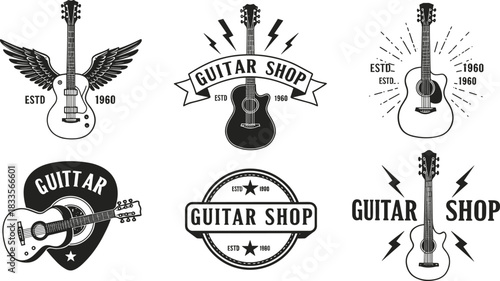 Six black and white guitar shop logos with vintage style elements acoustic guitar electric guitar