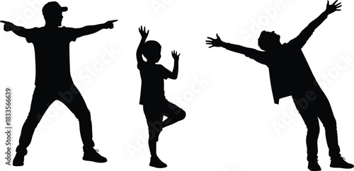 Three black silhouettes of people gesturing and posing on white background child