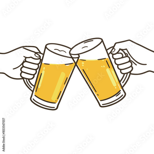 Two hands holding big beer mugs full of yellow beer in a cheering or toasting gesture line art illustration