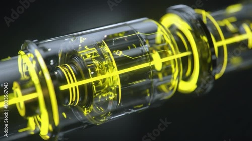 Illuminated Scientific Innovation: A close-up view of a high-tech apparatus with complex internal components, emits vibrant, electric-yellow energy, highlighting the power of scientific innovation.