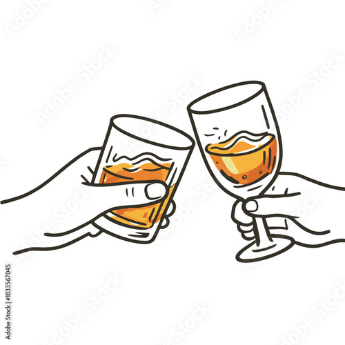 Two hands holding different style glasses with orange or amber liquor and clinking for a toast outline vector