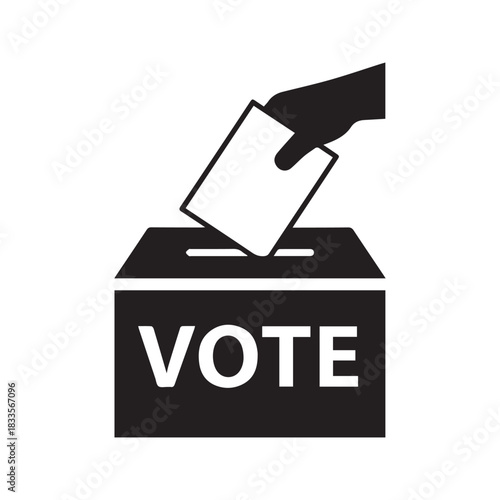 Vote icon vector illustration. Silhouette of hand putting ballot paper into voting box. Election campaign, democracy, and political choice symbol isolated on white background.
