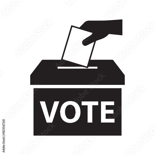 Vote icon vector illustration. Silhouette of hand putting ballot paper into voting box. Election campaign, democracy, and political choice symbol isolated on white background.
