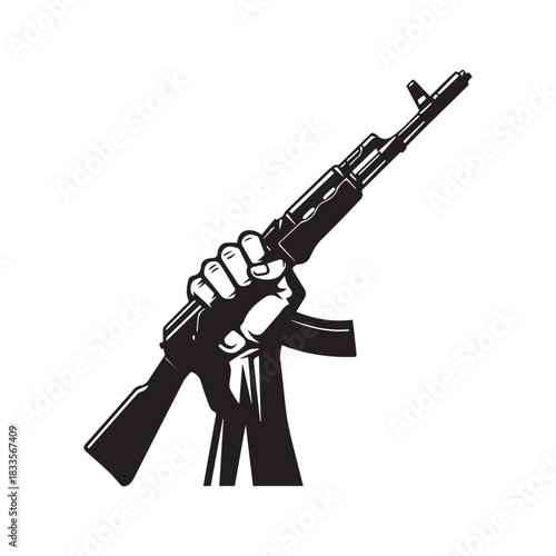 Raised fist holding an assault rifle silhouette. Vector illustration of a hand grasping a weapon, symbolizing revolution, war, resistance, military power, or freedom fighter isolated on white.
