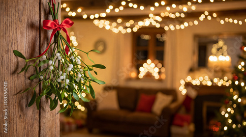 Mistletoe bundle with red ribbon hanging on rustic wood. Use for seasonal greeting cards, holiday advertising, cozy home styling & farmhouse winter decor inspiration

