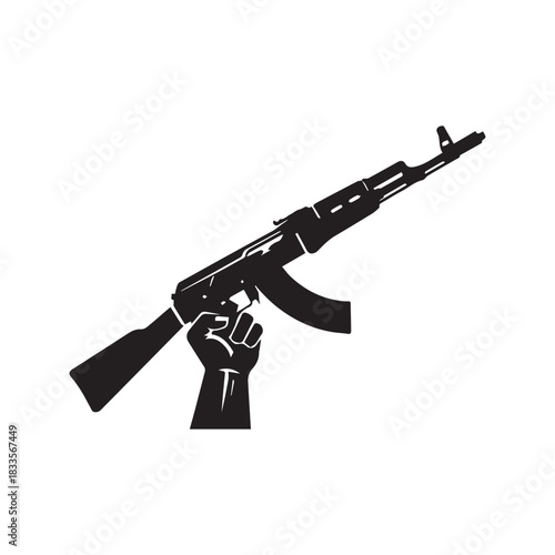 Raised fist holding an assault rifle silhouette. Vector illustration of a hand grasping a weapon, symbolizing revolution, war, resistance, military power, or freedom fighter isolated on white.
