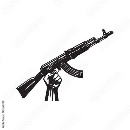 Raised fist holding an assault rifle silhouette. Vector illustration of a hand grasping a weapon, symbolizing revolution, war, resistance, military power, or freedom fighter isolated on white.
