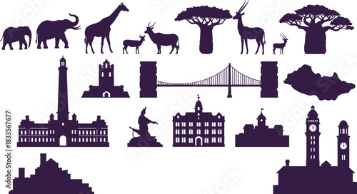  animals baobab trees suspension bridge and architectural building silhouettes elephant giraffe