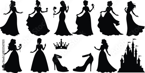 Black silhouette princesses elegant ball gowns holding roses crowns castle high heels woman female