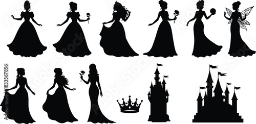 Black silhouettes of princesses fairies crowns and castles on white background fairy