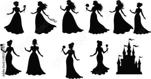 Black silhouettes of princesses in ball gowns holding flowers and a castle woman female
