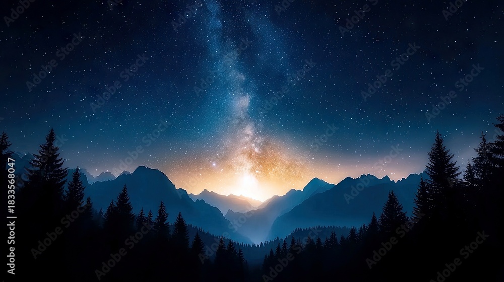 Naklejka premium A beautiful landscape of mountains and trees silhouetted against a night sky filled with stars and the Milky Way.