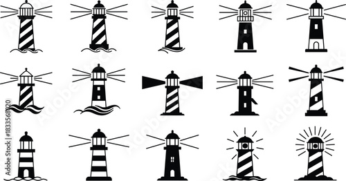 Collection of black and white lighthouse icons with light beams and waves beacon maritime