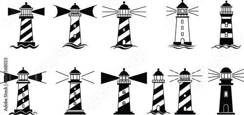 Collection of black and white lighthouse icons with light beams and waves beacon tower