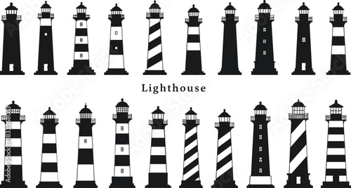 Collection of black and white lighthouse silhouettes with varied designs beacon tower
