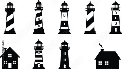 Collection of black silhouette lighthouses and houses on white background building architecture